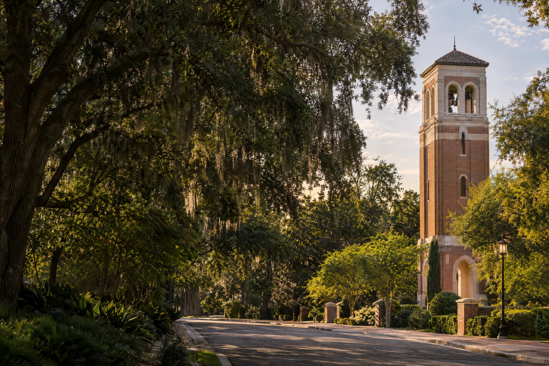 Original Gainesville-inspired civic tower beneath live oaks
